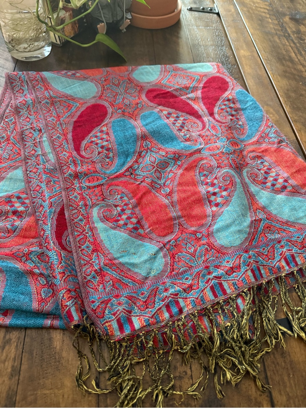 Pashmina Red & Turquoise Paisley Fringe Shawl - Picture 3 of 4